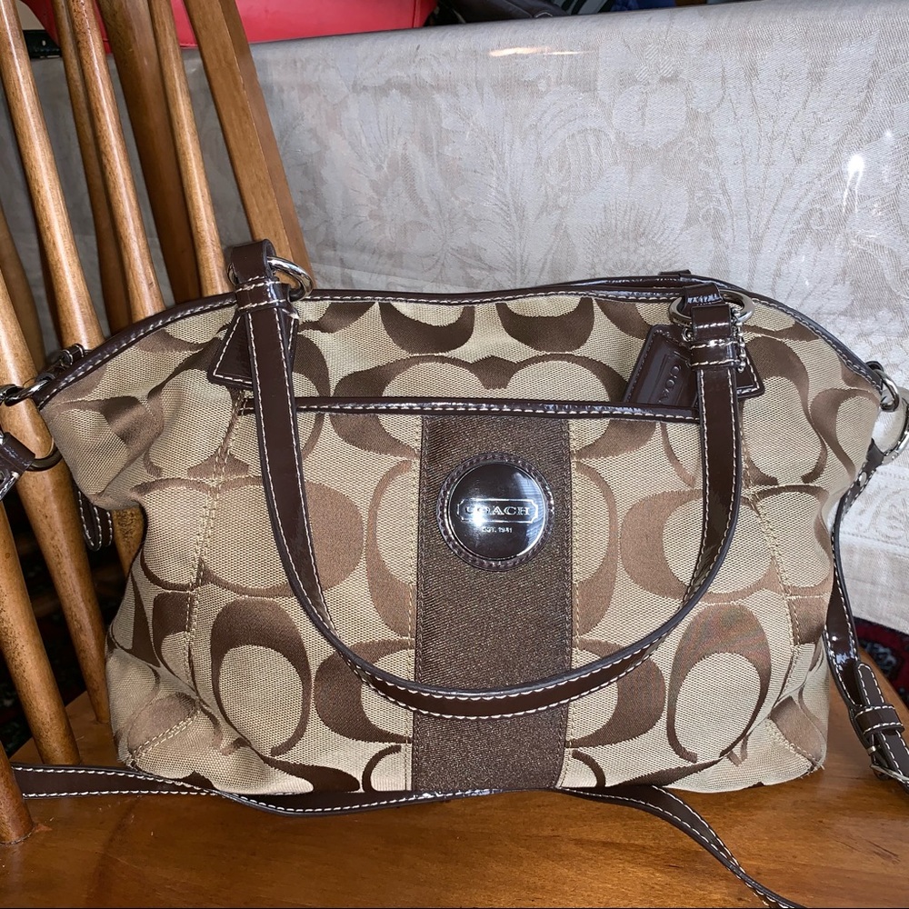 Coach Handbag Signature Stripe Pocket Brown Tote